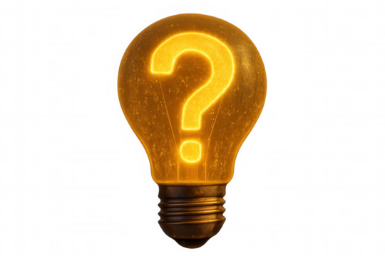 Glowing light bulb showing question mark, symbolizing problem solving, innovation and new ideas, with transparent background
