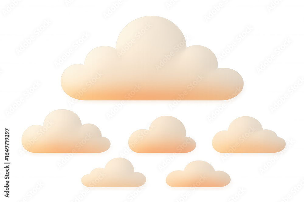 Poster soft 3d clouds gradient-colored white to orange hovering weightlessly against transparent backdrop, 