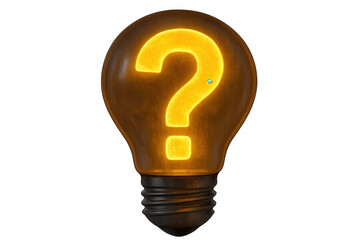 Glowing question mark inside of a light bulb illuminates curiosity and problem-solving on a transparent background