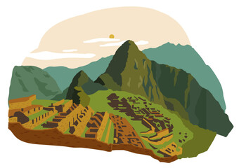 Machu Picchu, Peru. New Seven Wonders of the World. Vector illustration. Travel landmarks. Landscape.