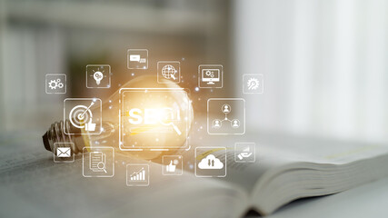 SEO concept for improving SEO visibility, with SEO related digital tools and SEO performance icons...