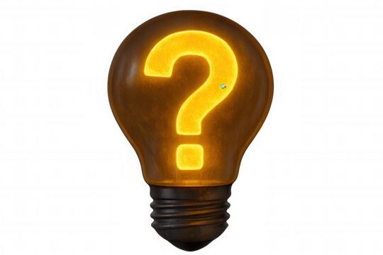 Glowing question mark inside of a light bulb illuminates curiosity and problem-solving on a transparent background