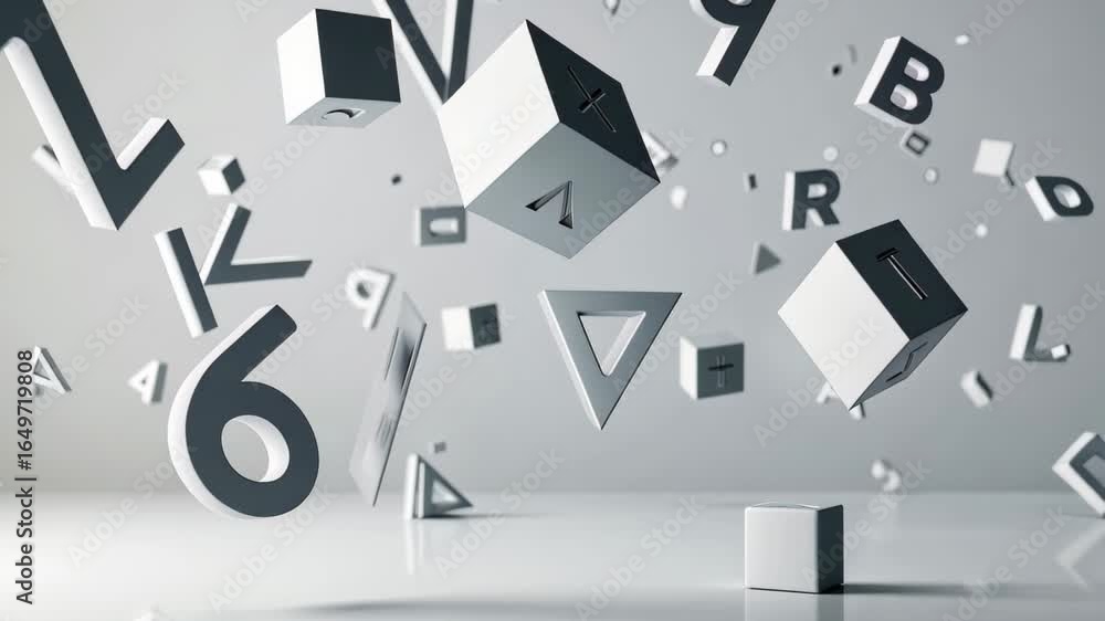 Poster floating letters and numbers create a dynamic visual display in a high-quality stock environment