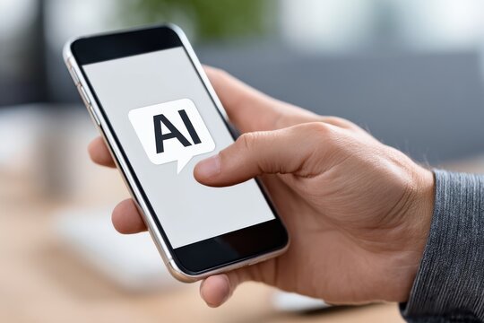 A hand touching AI icon in a speech bubble on a phone screen, artificial intelligence on a smartphone, being accessed by a user.
