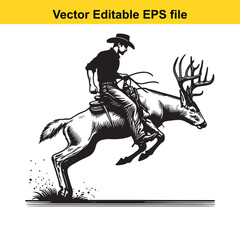 Fototapeta premium Cowboy riding a bucking deer, isolated on white background