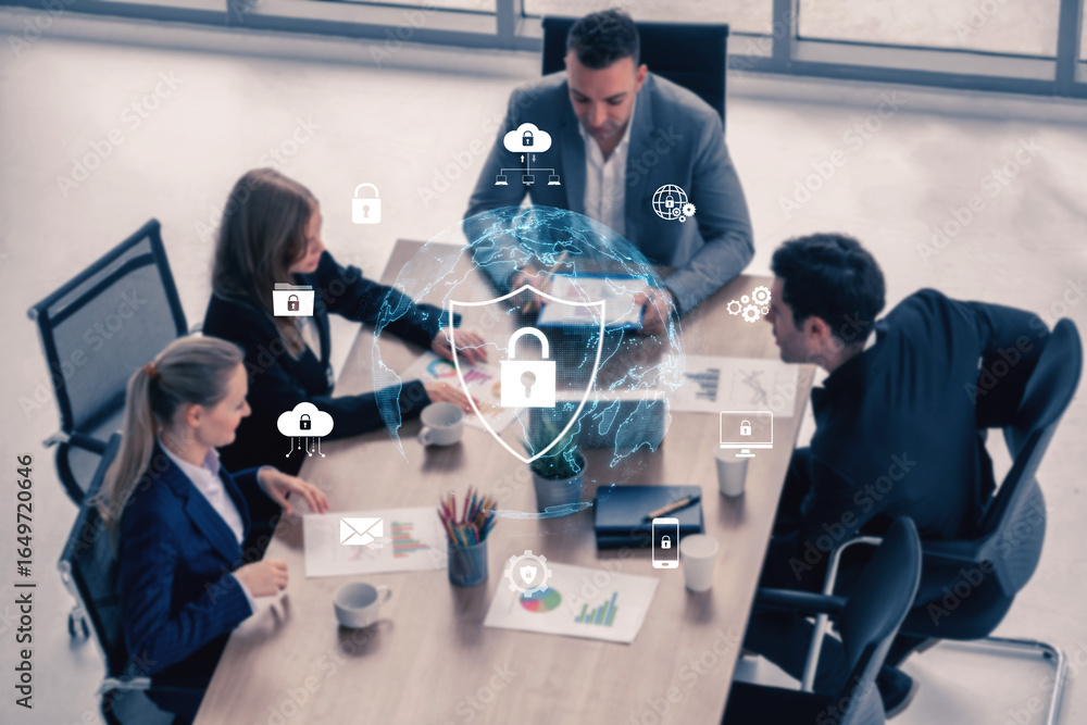 Poster cyber security protects against breaches, hacks, and network attacks using strong infrastructure and