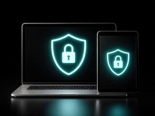 Laptop and tablet displaying glowing lock icons on screens, symbolizing digital security, and data protection on multiple devices.