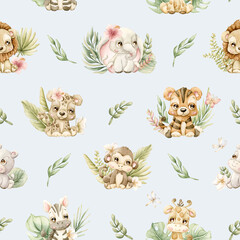 Cute Tropical Animals Exotic Leaves Watercolor hand painted summer pastel neutral seamless pattern on blue background