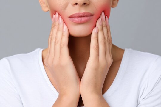 Woman holding her jaw with highlighted red painful area, closeup view of her face.