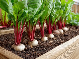 Albino beetroot plants with vibrant green leaves and red stalks growing in a raised bed, homegrown vegetables in wooden planter box, fresh organic produce in a home garden.