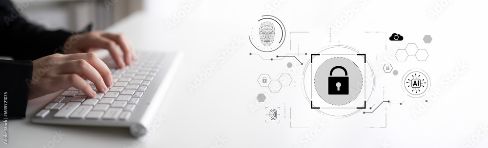 Poster ai cyber security system using biometric authentication and privacy control. cyber security protects