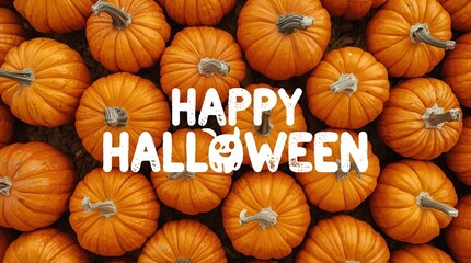 Happy Halloween greeting with ghost icon inside bold text over a background of fresh orange pumpkins, festive autumn harvest design for seasonal holiday cards, invitations, and decorations