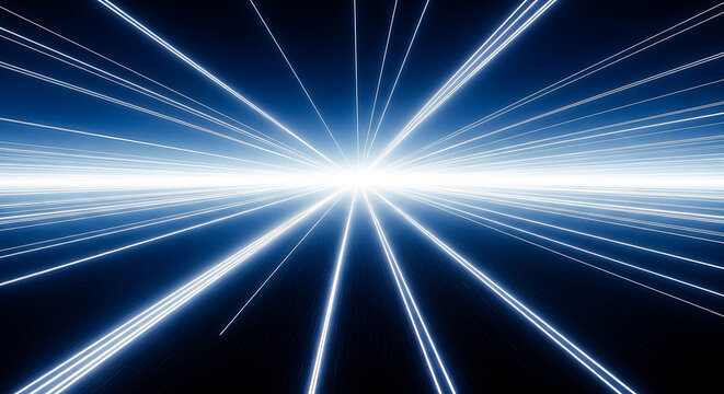 futuristic data stream with glowing lines converging into a central vanishing point - Powered by Adobe