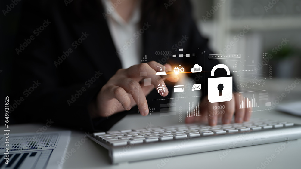 Poster digital cyber security lock system highlighting data security encryption, cyber password protection,