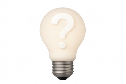Lit light bulb with question mark symbolizing problem solving, innovation, and new ideas, on a transparent background