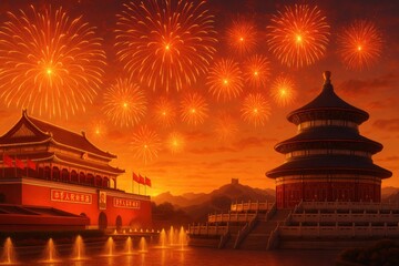 China national day celebration background with famous monuments.