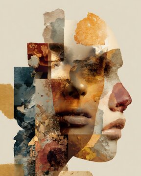 a collage of different skin tones and textures blending into a harmonious abstract form, unity in diversity, artistic composition, celebrating imperfection, 