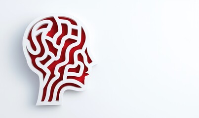 A stylized, white head silhouette cut out to reveal a complex, red internal maze. The graphic is a 3D rendering on a white background, evoking thoughts of the mind and its intricate pathways