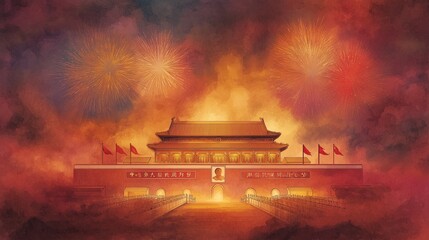 Poster illustration for chinese national day with temple of heaven.