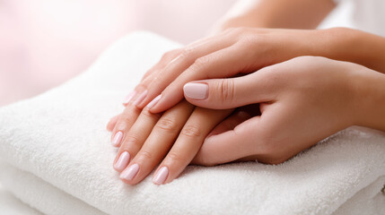 A serene image of two hands resting on a soft towel, showcasing neatly manicured nails and a sense of relaxation.