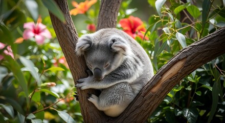 Obraz premium Sleeping Koala Embraces Tree Branch Amidst Vibrant Blossoms