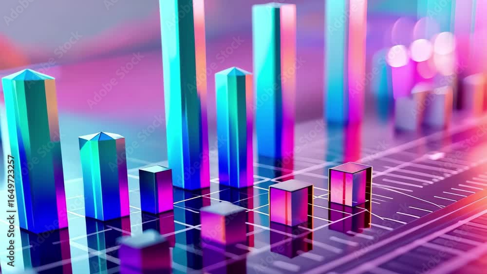 Poster colorful data visualization with vibrant bars and metrics displayed on modern digital technology