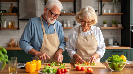 A cheerful older couple prepares fresh vegetables together in a cozy kitchen, enjoying the cooking experience.