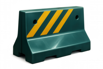 Plastic traffic barrier with yellow stripes ensuring safety and regulating traffic flow, ideal for construction sites or road closures, on transparent background