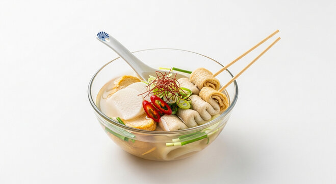 A clear glass bowl of Korean fish cake soup (Eomuk-tang) with tofu, chili, and scallions on a white background.