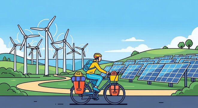 Ciclista viajero por carril bici junto a paneles fotovoltaicos y parque e&oacute;lico entre colinas. Energ&iacute;a limpia, transporte verde y descarbonizaci&oacute;n