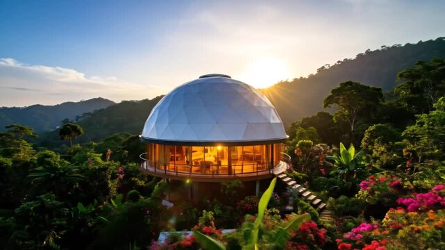 A geodesic dome structure sits nestled amongst lush tropical flora, bathed in a sunrise. A staircase leads to its entrance