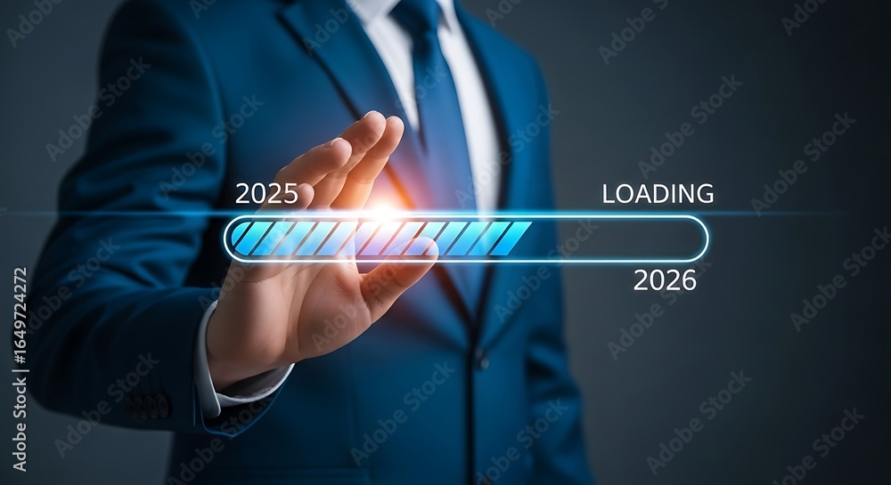 Aufkleber a businessman in a suit touches a futuristic screen displaying a loading bar from 2025 to 2026, repr