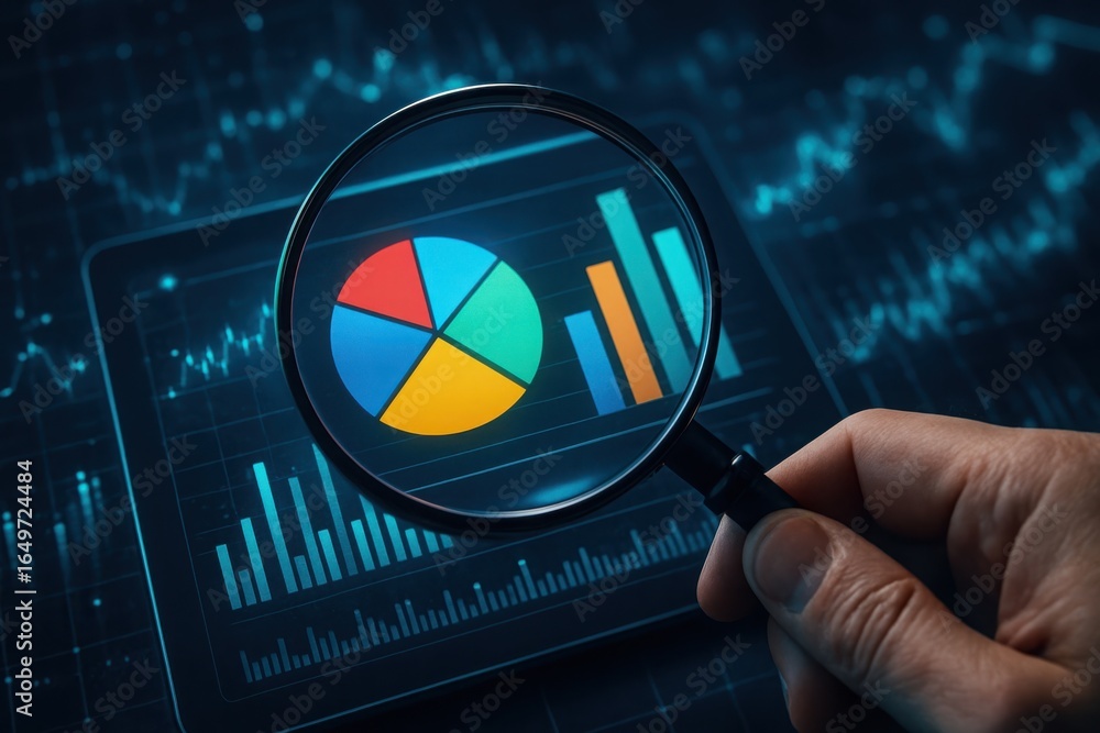 Poster magnifying glass examining colorful pie chart and bar graph on a digital screen with stock market da
