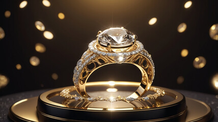 "The Sparkle of Dreams": A Luxury Diamond Ring, Glowing with an Ethereal Aura Above a Transparent Glass Platform