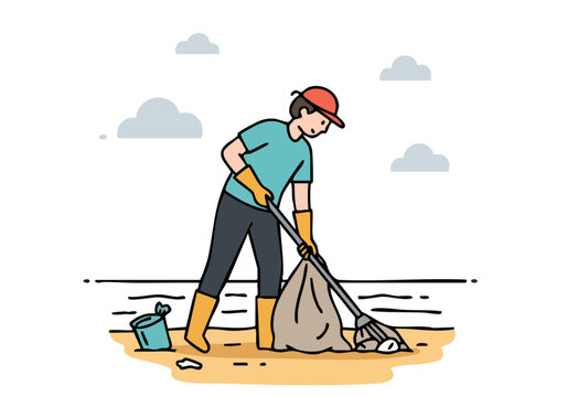 A person cleans the ocean shore with a rake and bag, contributing to an ocean cleanup effort.  A clean, bright, and hopeful scene.