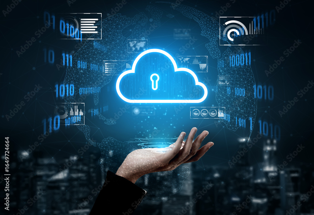Poster cloud computing enables digital growth with secure data storage, scalable infrastructure, and strate
