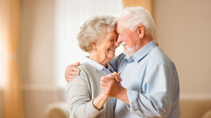 A joyful elderly couple shares a tender moment, dancing together in a warm and intimate setting, showcasing love and companionship.
