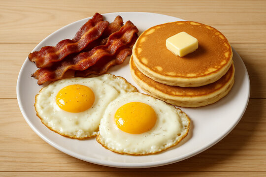 Breakfast with fried eggs, bacon and pancakes stock photo 
