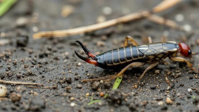 Closeup of a predatory earwig crawling on soil in natural habitat
