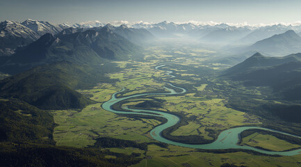 A beautiful landscape of the river winding through a green valley, surrounded by mountains, captured in high-
