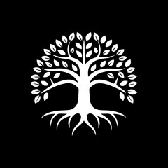 Minimalist tree logo icon on black background, ideal for sustainable brands, eco-friendly companies, and nature-inspired graphics.