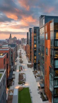 Pulling back from a modern a rust-clad residential courtyard between modern towers toward the glowing city skyline