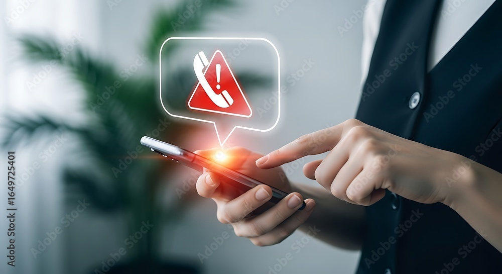 Aufkleber person using a smartphone with a warning alert notification for a phone call, representing urgent co