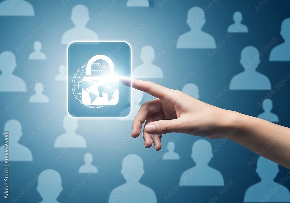 Poster hand touching a glowing digital security icon with a padlock and world map, representing data protec