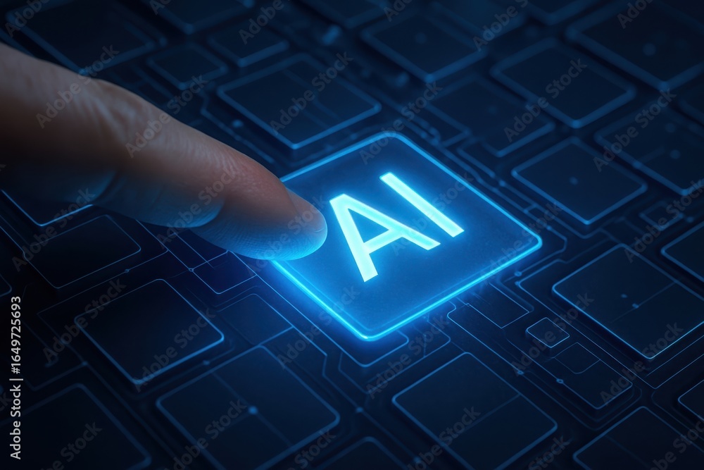 Aufkleber finger pressing a glowing blue ai button on a dark keyboard representing artificial intelligence and