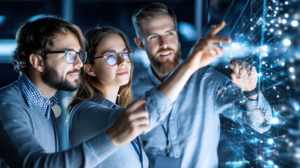 Three professionals collaborate and engage with a digital interface, exploring innovative ideas in a high-tech environment.