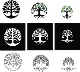 Nature tree logo vector set with flat, outline, and white silhouette icons on a black background, ideal for eco-friendly branding and sustainable projects.