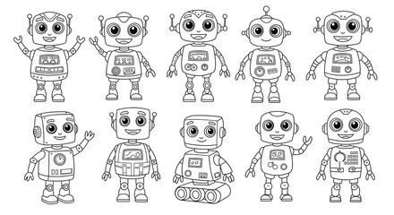 Ten Unique Cartoon Robots in a Lineup, Ready for Coloring Fun