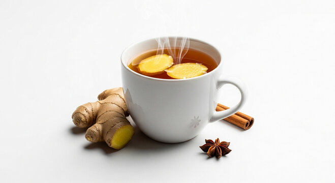 A white cup of hot steaming ginger tea with fresh ginger slices, root, cinnamon sticks, and star anise on a white background.