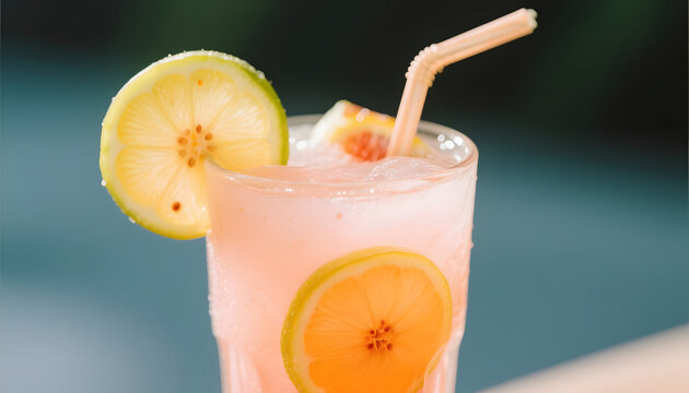 Refreshing pink lemonade drink with lemon slices and straw